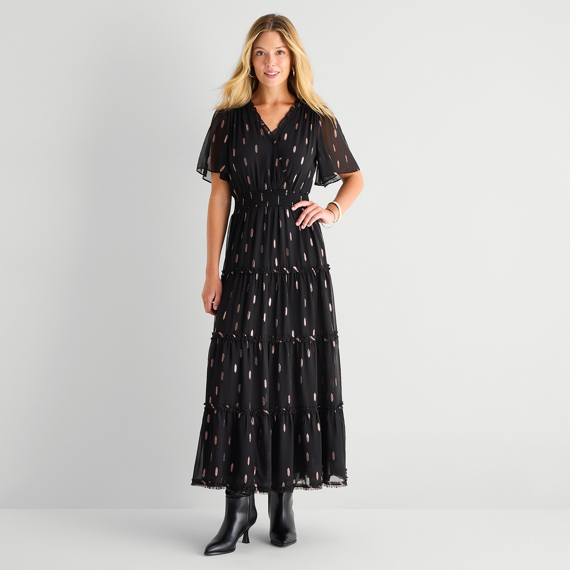 MSK Womens V Neck Short Sleeve Flutter Chiffon Maxi Dress