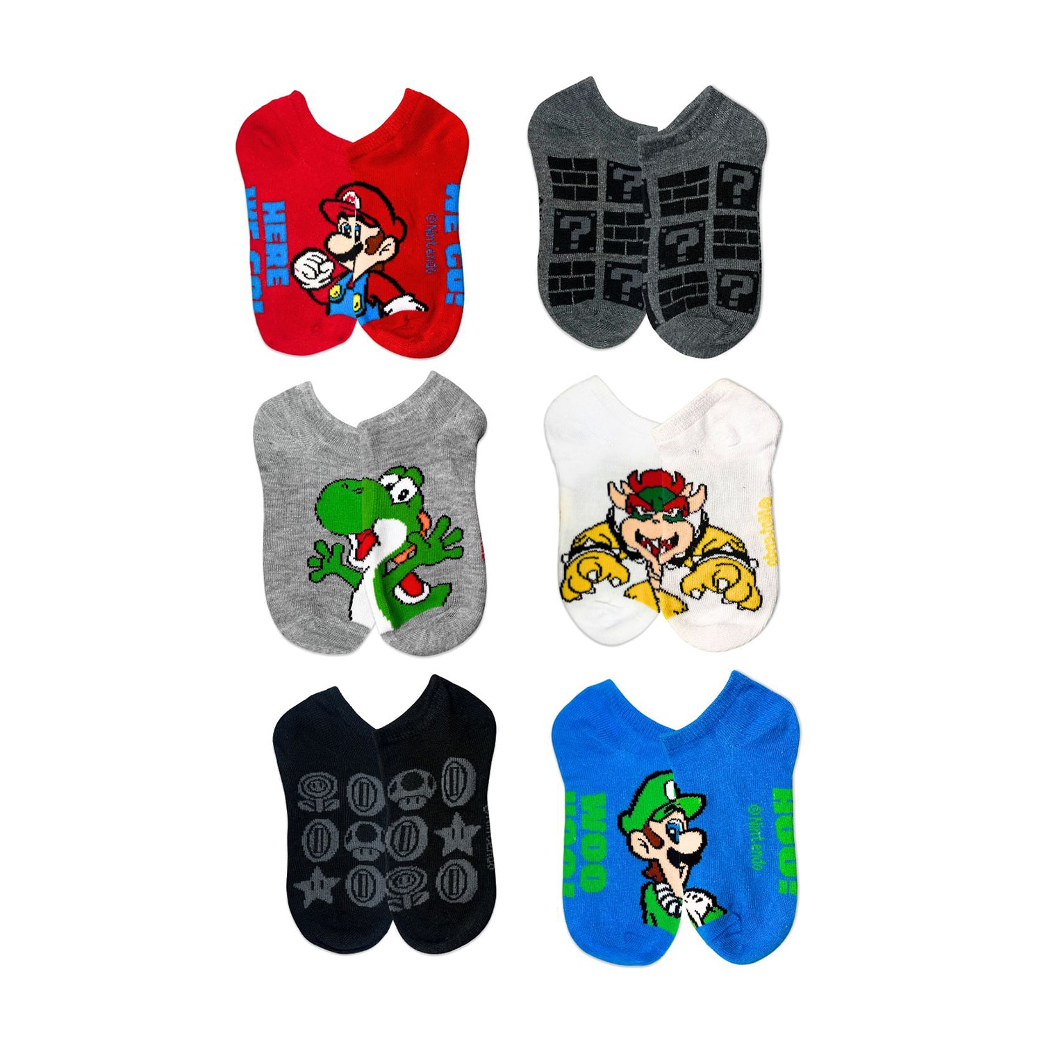Little & Big Kid Boys Multi-Pack 6 Pair Super Mario No Show Socks