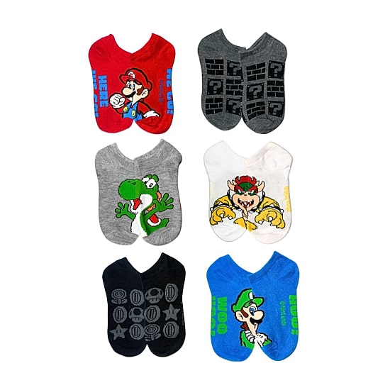 Little & Big Kid Boys Multi-Pack 6 Pair Super Mario No Show Socks