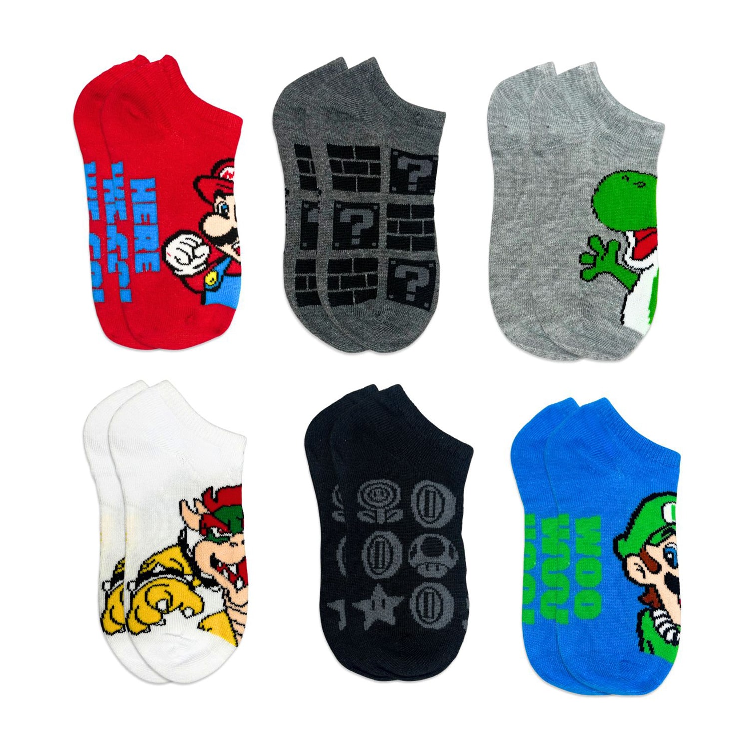 Little & Big Kid Boys Multi-Pack 6 Pair Super Mario No Show Socks