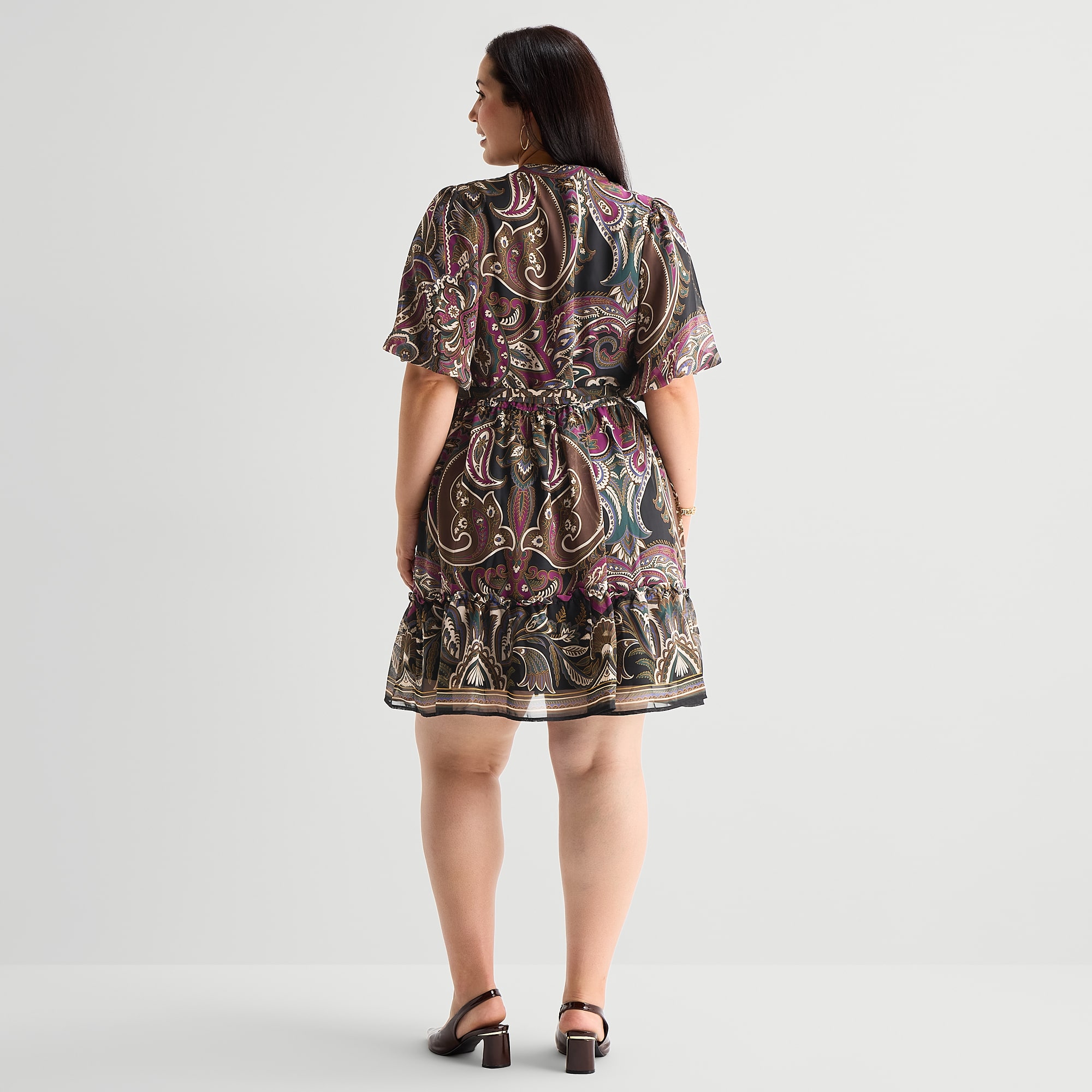 52seven Womens Plus Midi V Neck 3/4 Sleeve Cap Paisley Fit + Flare Dress