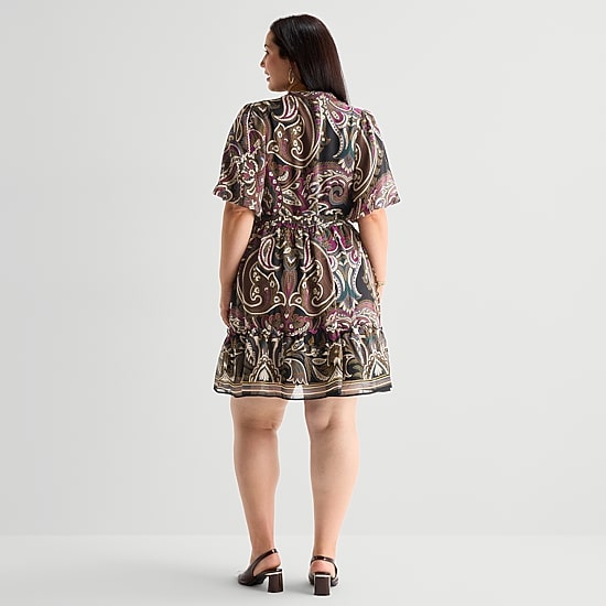 52seven Womens Plus Midi V Neck Short Sleeve Paisley Fit + Flare Dress
