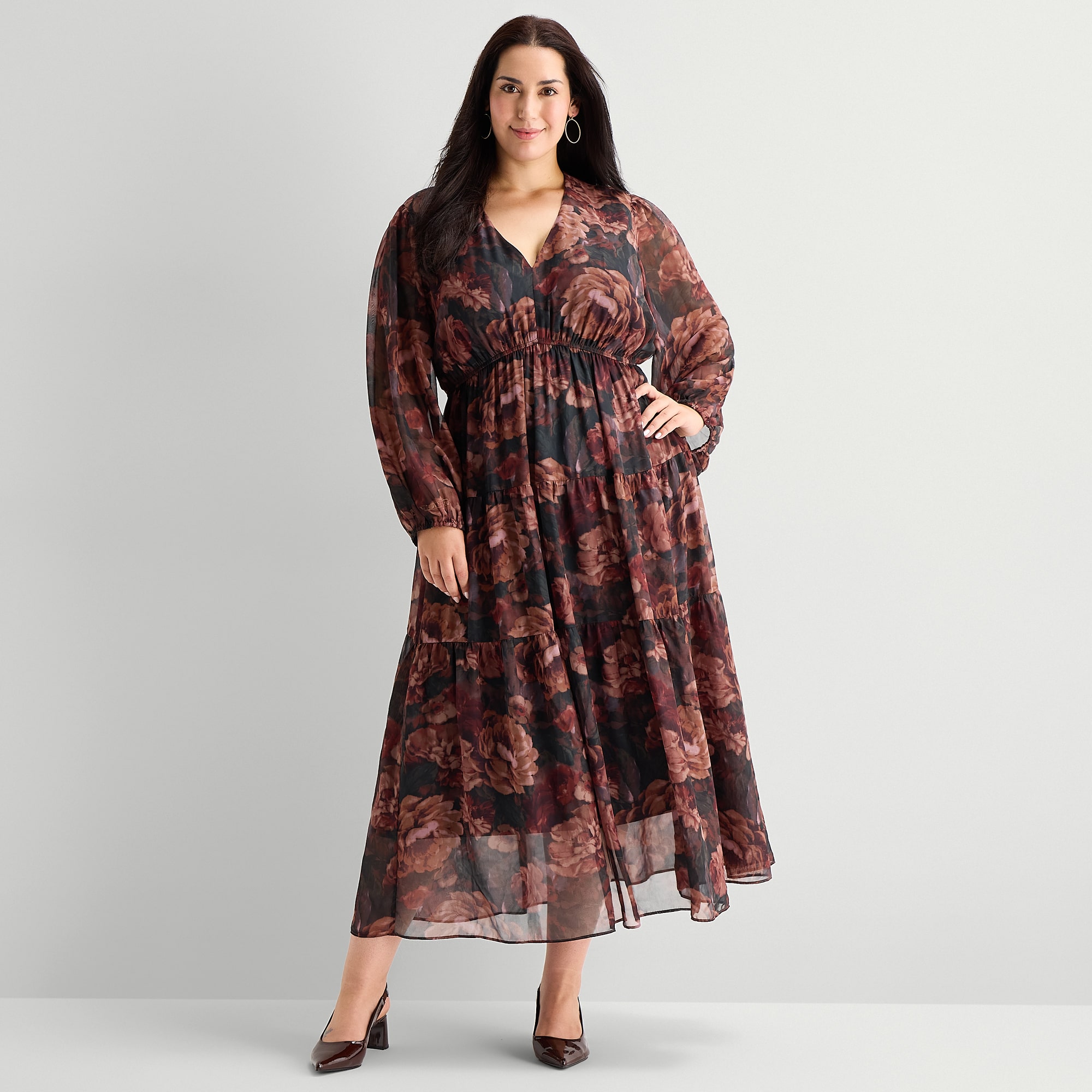 Robbie Bee Womens Plus V Neck Long Sleeve Bishop Maxi Dress