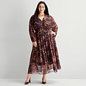 Robbie Bee Womens Plus V Neck Long Sleeve Bishop Chiffon Maxi Dress