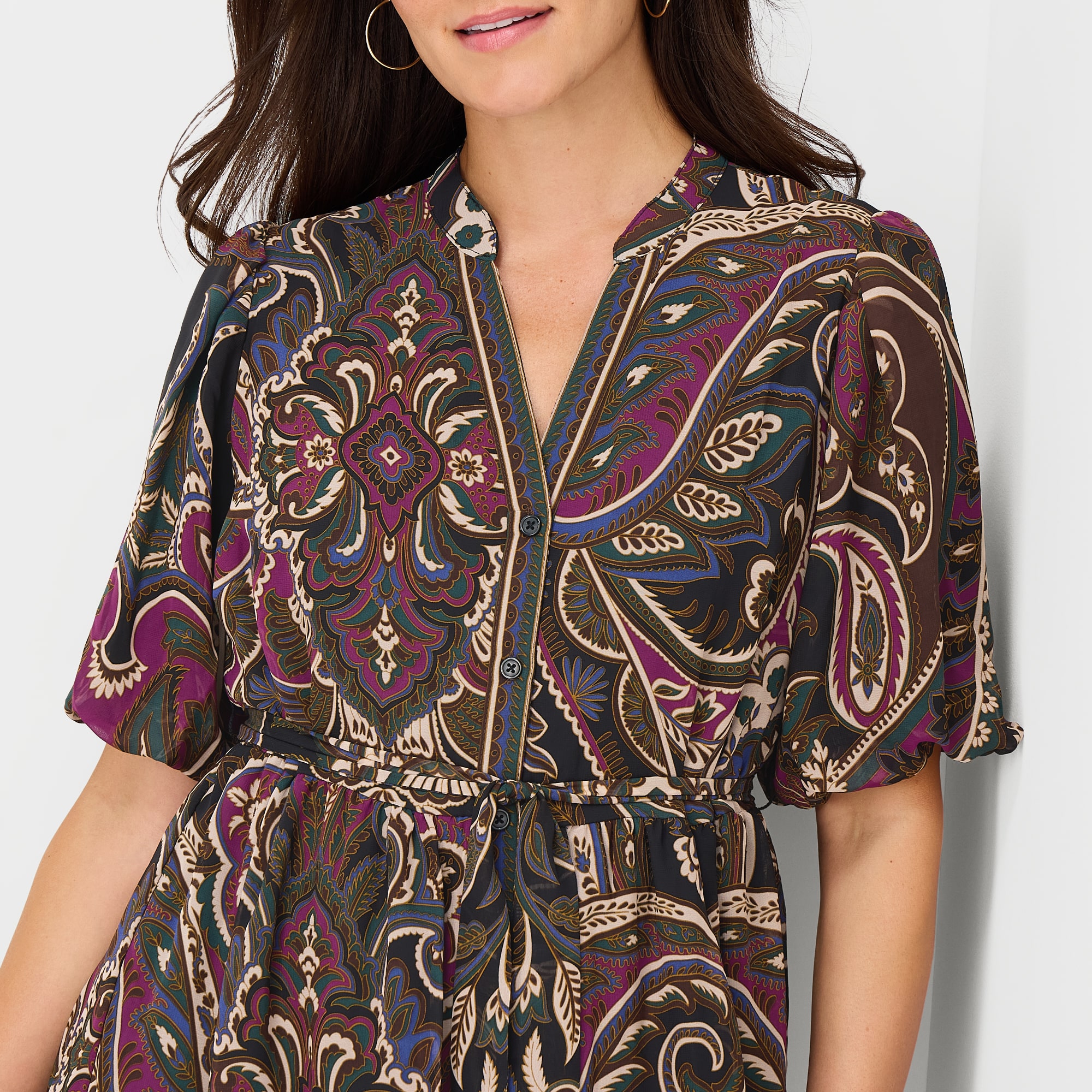 Studio 1 Womens V Neck Short Sleeve Puffed Chiffon Abstract Fit + Flare Dress