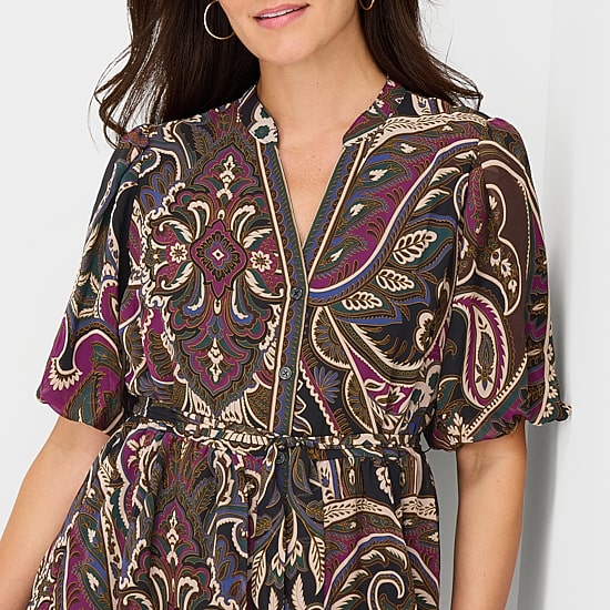 Studio 1 Womens V Neck Short Sleeve Puffed Chiffon Abstract Fit + Flare Dress