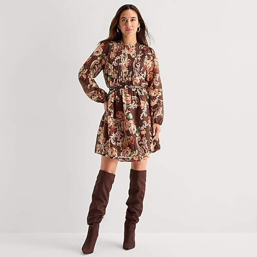 Msk Womens Mock Neck Long Sleeve Balloon Floral Fit + Flare Dress In Brown