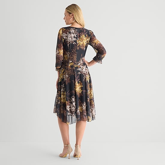 Rabbit Rabbit Rabbit Design Womens V Neck Long Sleeve Smocked Sleeve Floral Fit + Flare Dress