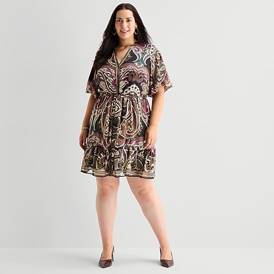 52seven Womens Plus Midi V Neck Short Sleeve Paisley Fit + Flare Dress