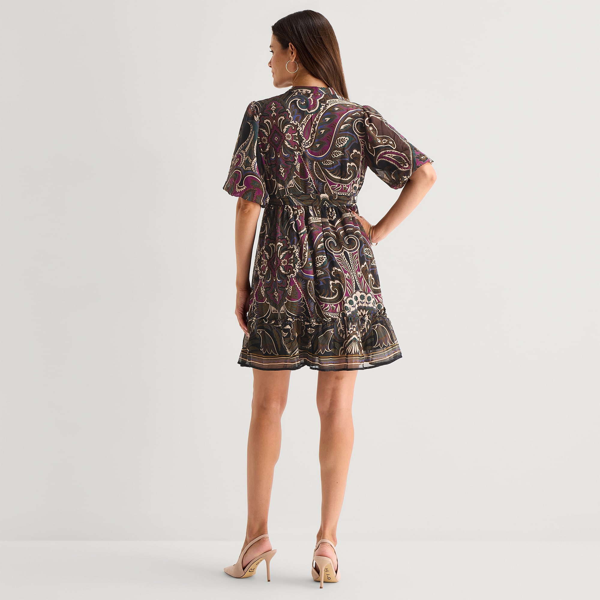 Studio 1 Womens V Neck Short Sleeve Puffed Chiffon Abstract Fit + Flare Dress