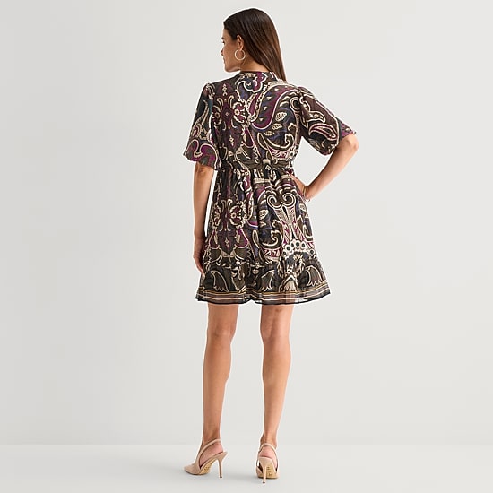Studio 1 Womens V Neck Short Sleeve Puffed Chiffon Abstract Fit + Flare Dress