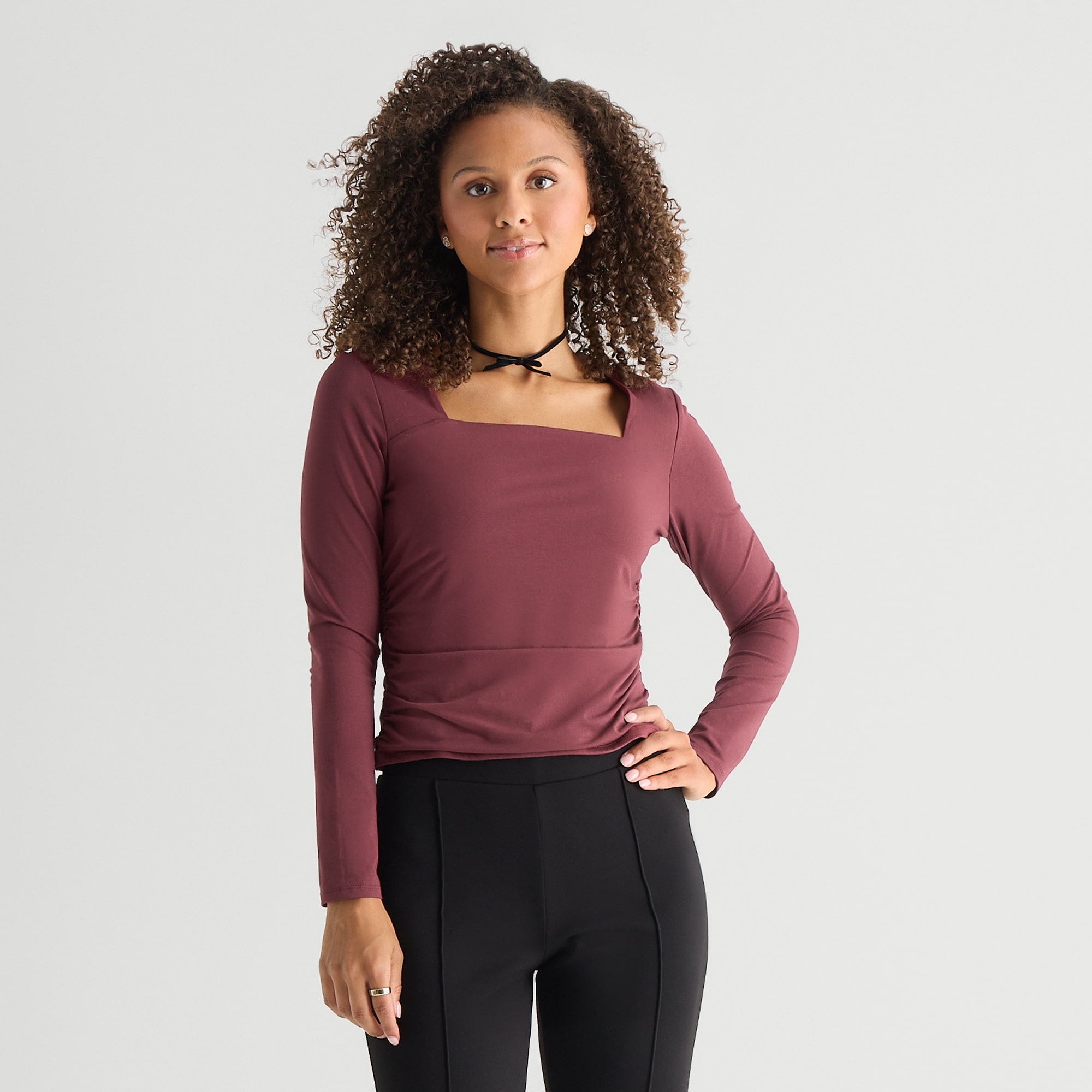 by&by Womens Juniors Square Neck Long Sleeve Blouse