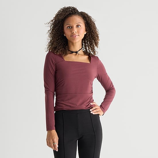 by&by Womens Juniors Square Neck Long Sleeve Top