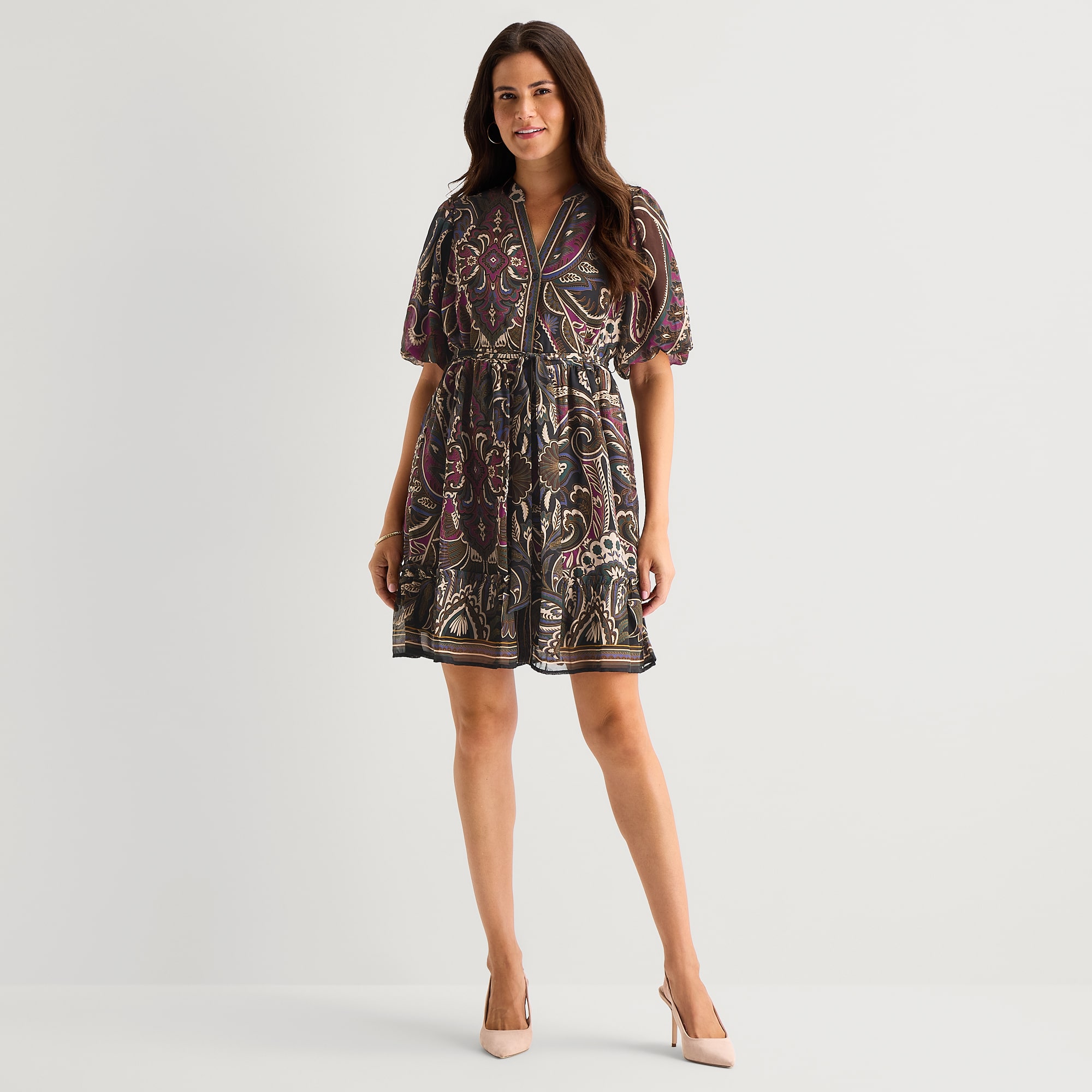 Studio 1 Womens V Neck Short Sleeve Puffed Chiffon Abstract Fit + Flare Dress