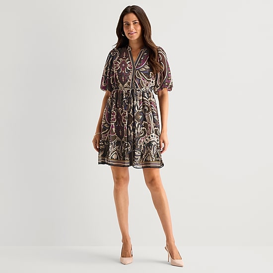 Studio 1 Womens V Neck Short Sleeve Puffed Chiffon Abstract Fit + Flare Dress