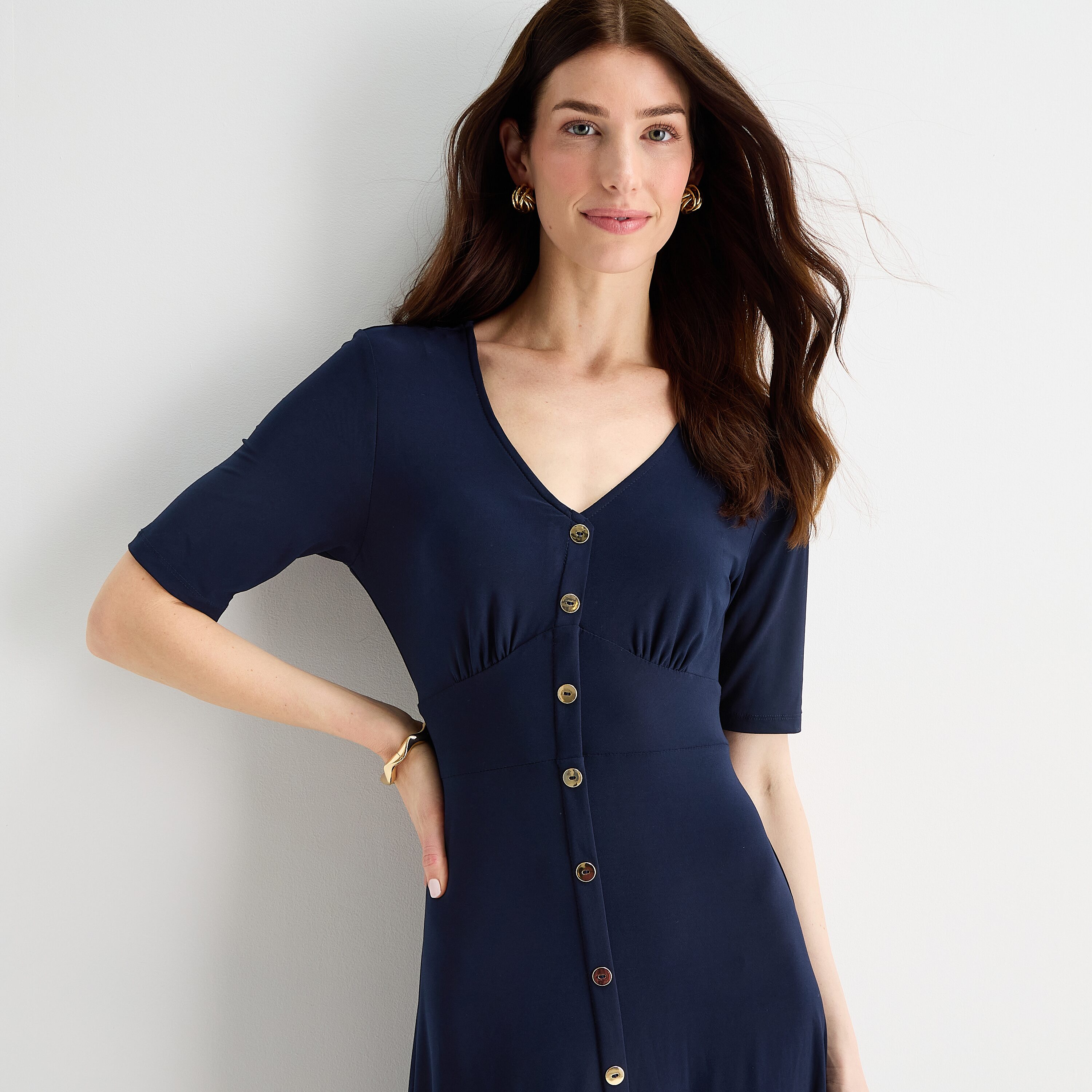 MSK Womens Petite Midi V Neck Long Sleeve Fitted Fit + Flare Dress