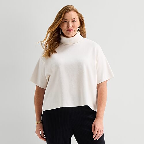 Liz Claiborne Plus Womens Mock Neck Short Sleeve Pullover Sweater In White