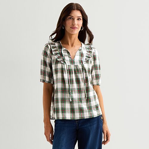 St. John's Bay Womens Split Tie Neck Short Sleeve Blouse, Petite Small, White
