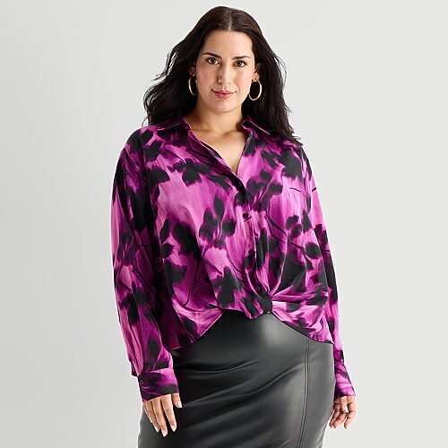 Bold Elements Womens Plus Long Sleeve Satin Blouse In Purple