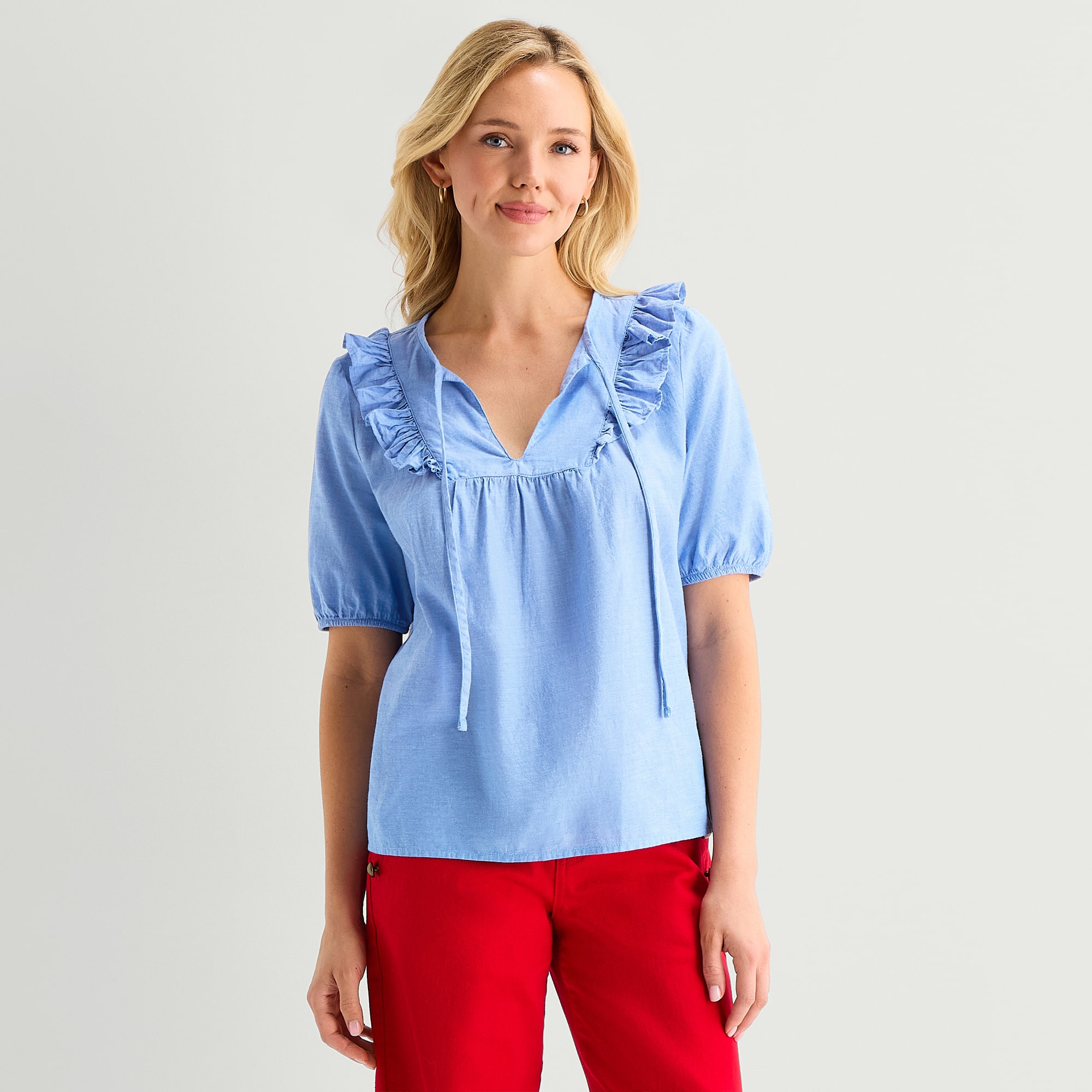 St. John's Bay Womens Split Tie Neck Short Sleeve Blouse