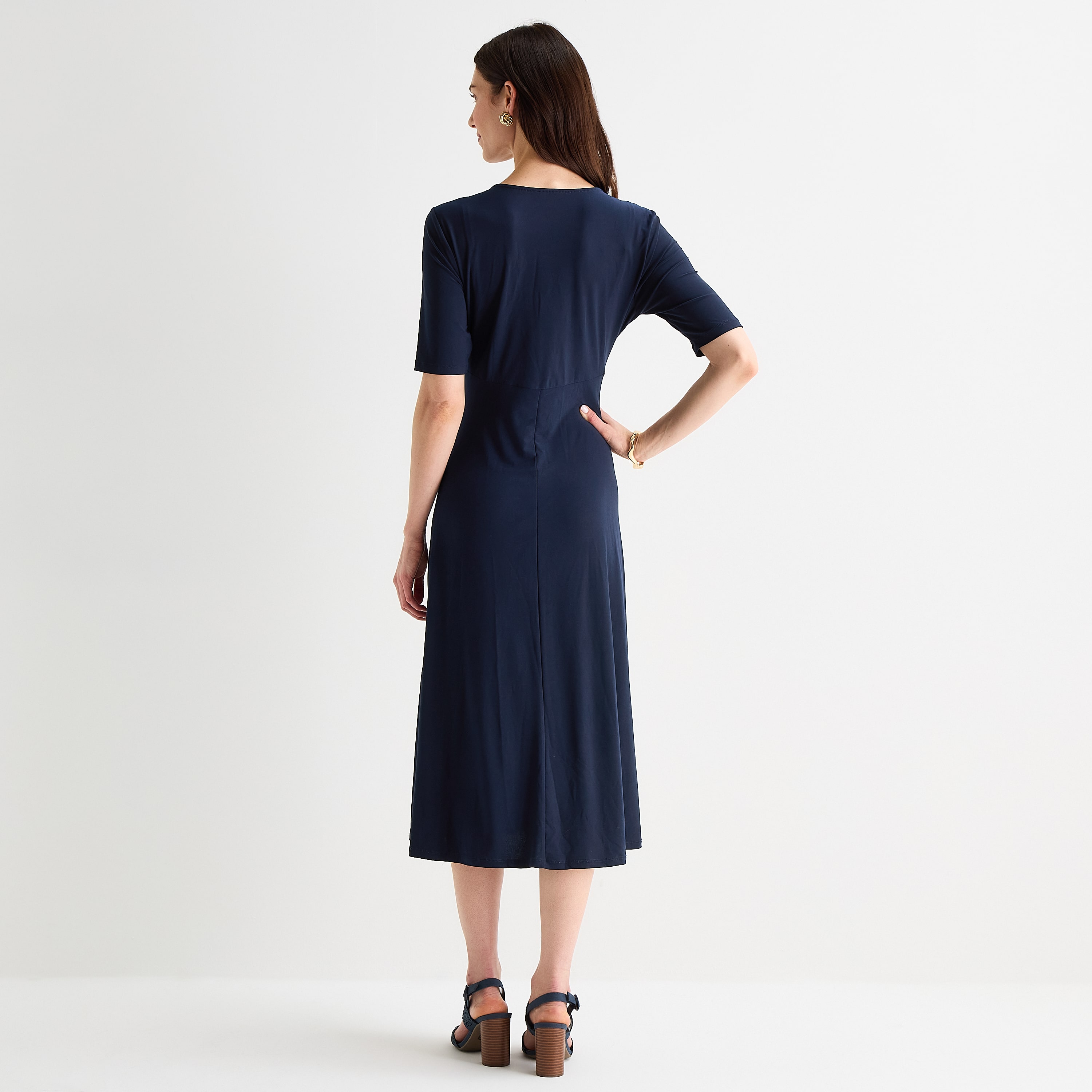 MSK Womens Petite Midi V Neck Long Sleeve Fitted Fit + Flare Dress