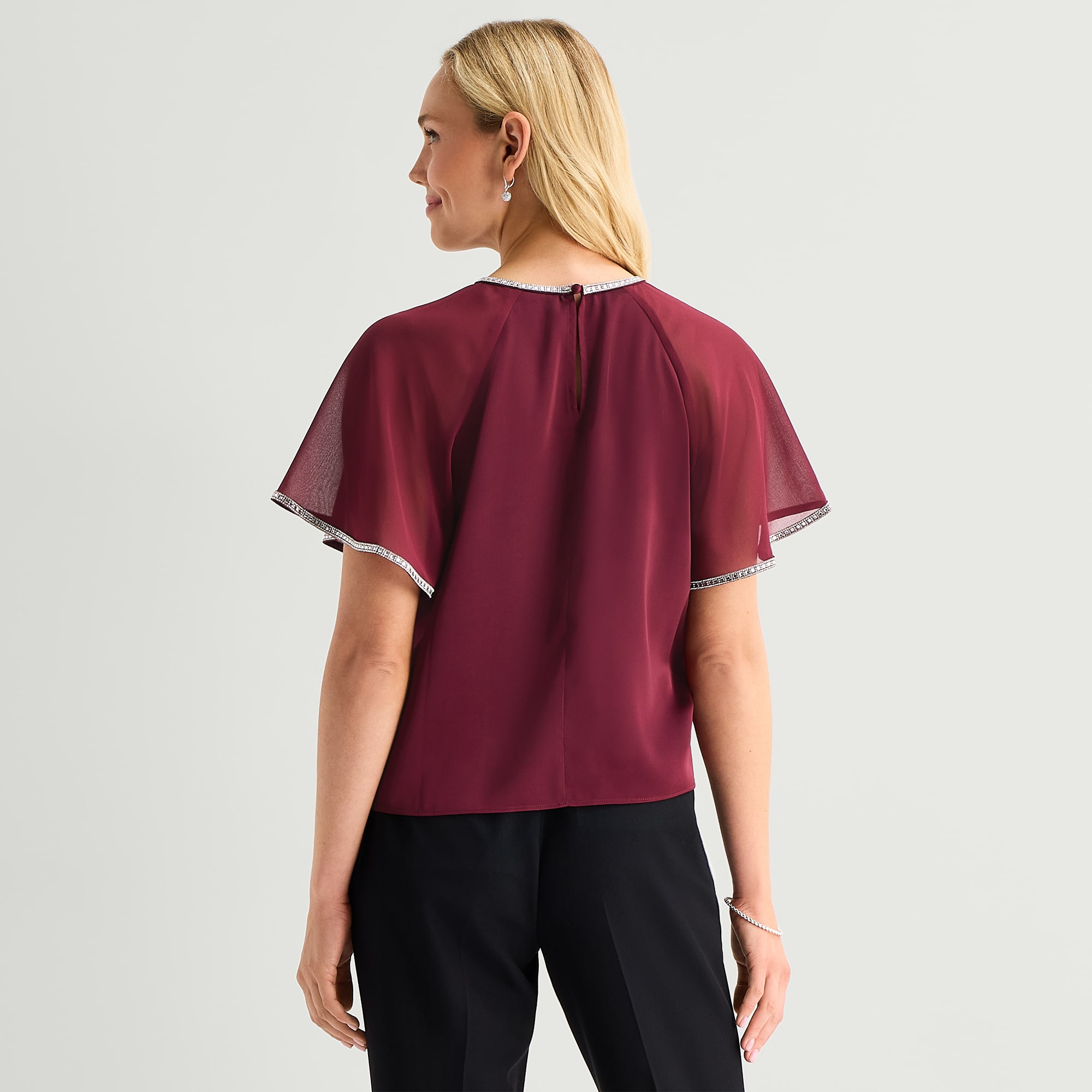 MSK Womens Round Neck Short Sleeve Satin Embellished Blouse