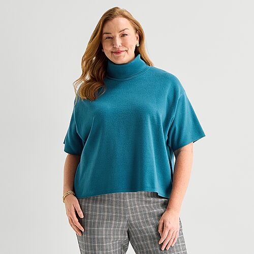 Liz Claiborne Plus Womens Mock Neck Short Sleeve Pullover Sweater In Blue
