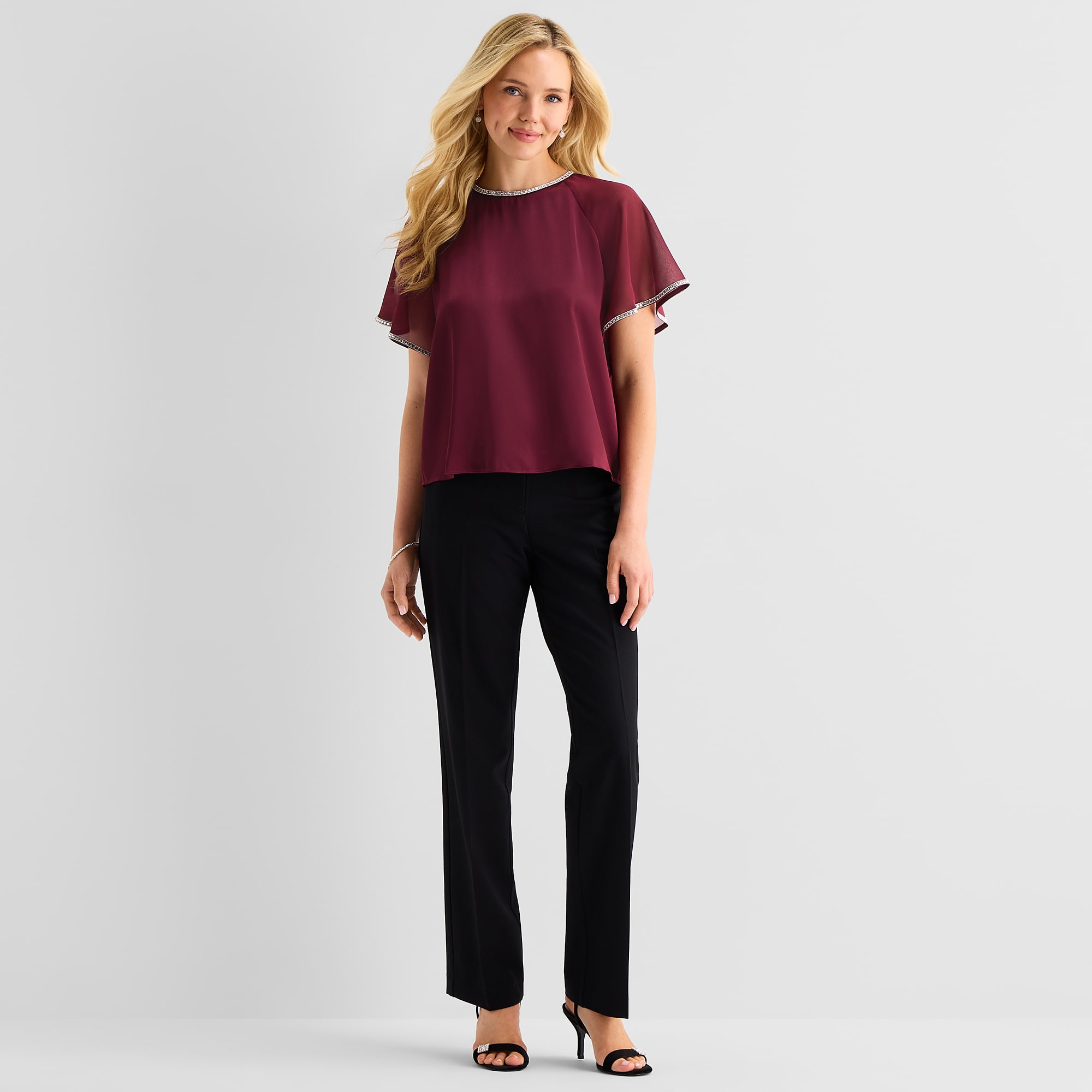 MSK Womens Round Neck Short Sleeve Satin Embellished Blouse