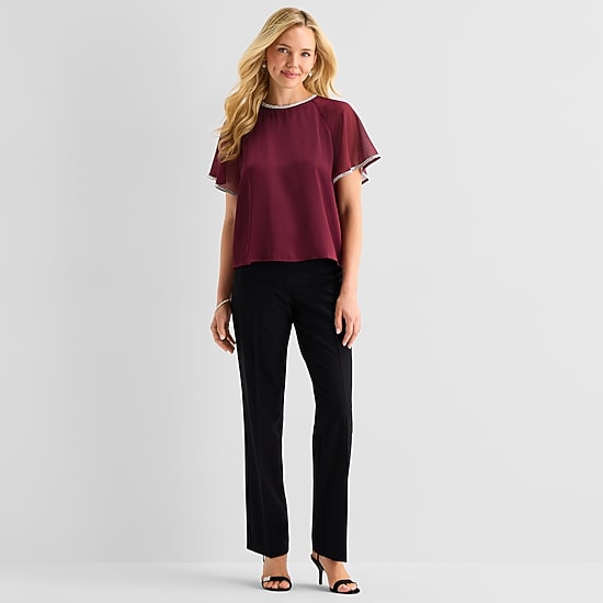 MSK Womens Round Neck Short Sleeve Satin Embellished Blouse