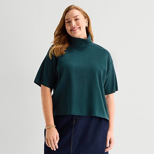 Liz Claiborne Plus Womens Mock Neck Short Sleeve Pullover Sweater In Brown