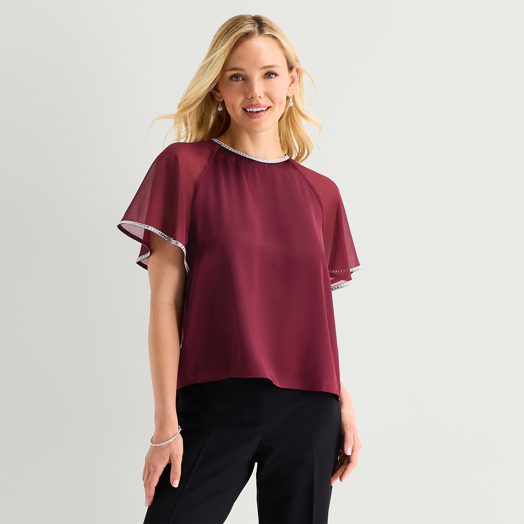 MSK Womens Round Neck Short Sleeve Satin Embellished Blouse