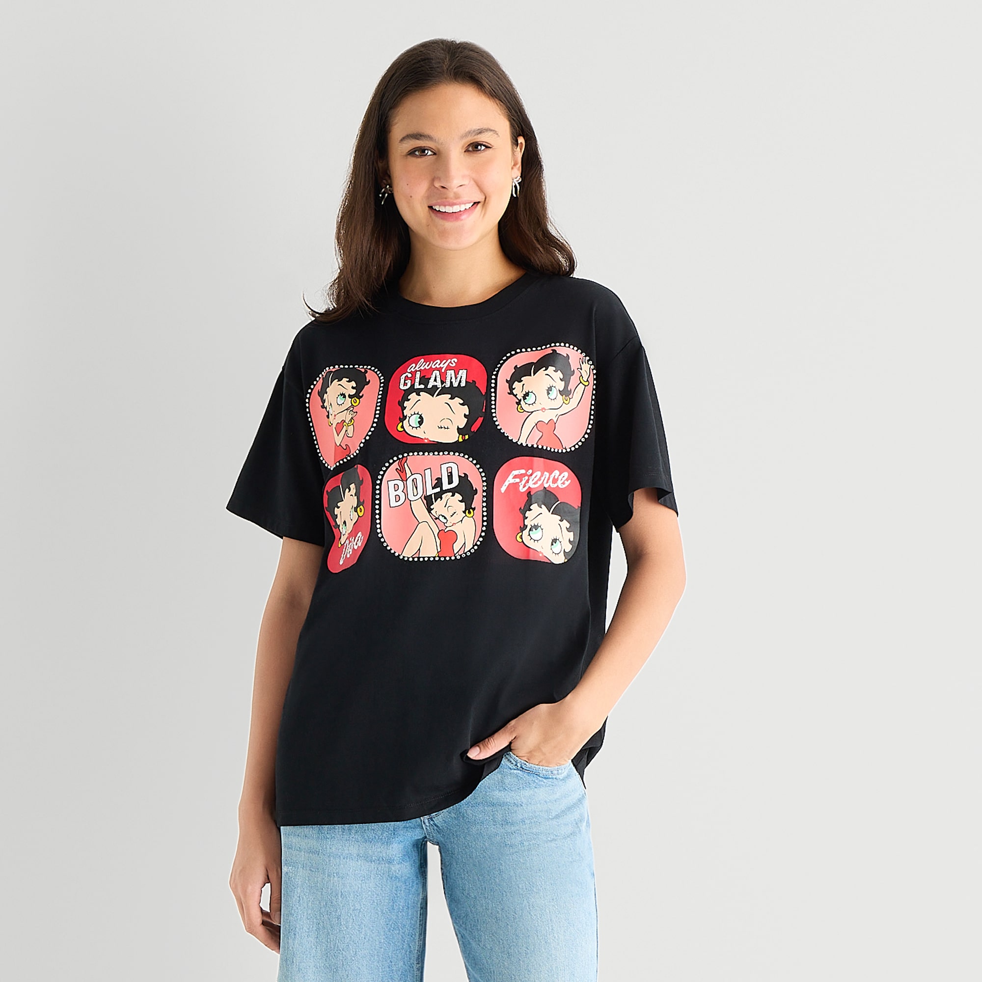 Boyfriend Tee Womens Juniors Crew Neck Short Sleeve Regular Fit Betty Boop Graphic T-Shirt