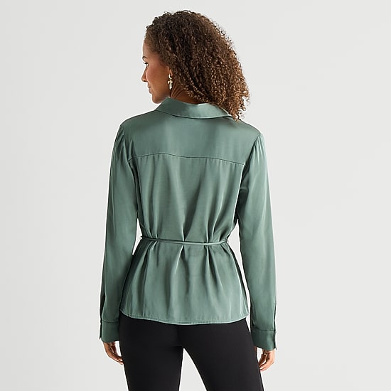 by&by Womens Juniors Drop Shoulder Long Sleeve Fitted Button-Down Shirt