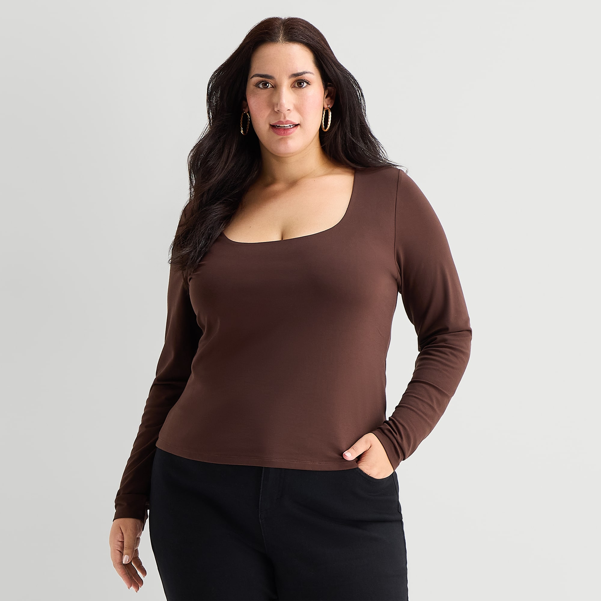 Bold Elements Womens Plus Square Neck Long Sleeve T-Shirt