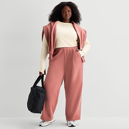 Xersion Womens Drawstring Waist Wide Leg Mid Rise Regular Fit Plus Fleece Sweatpant In Red