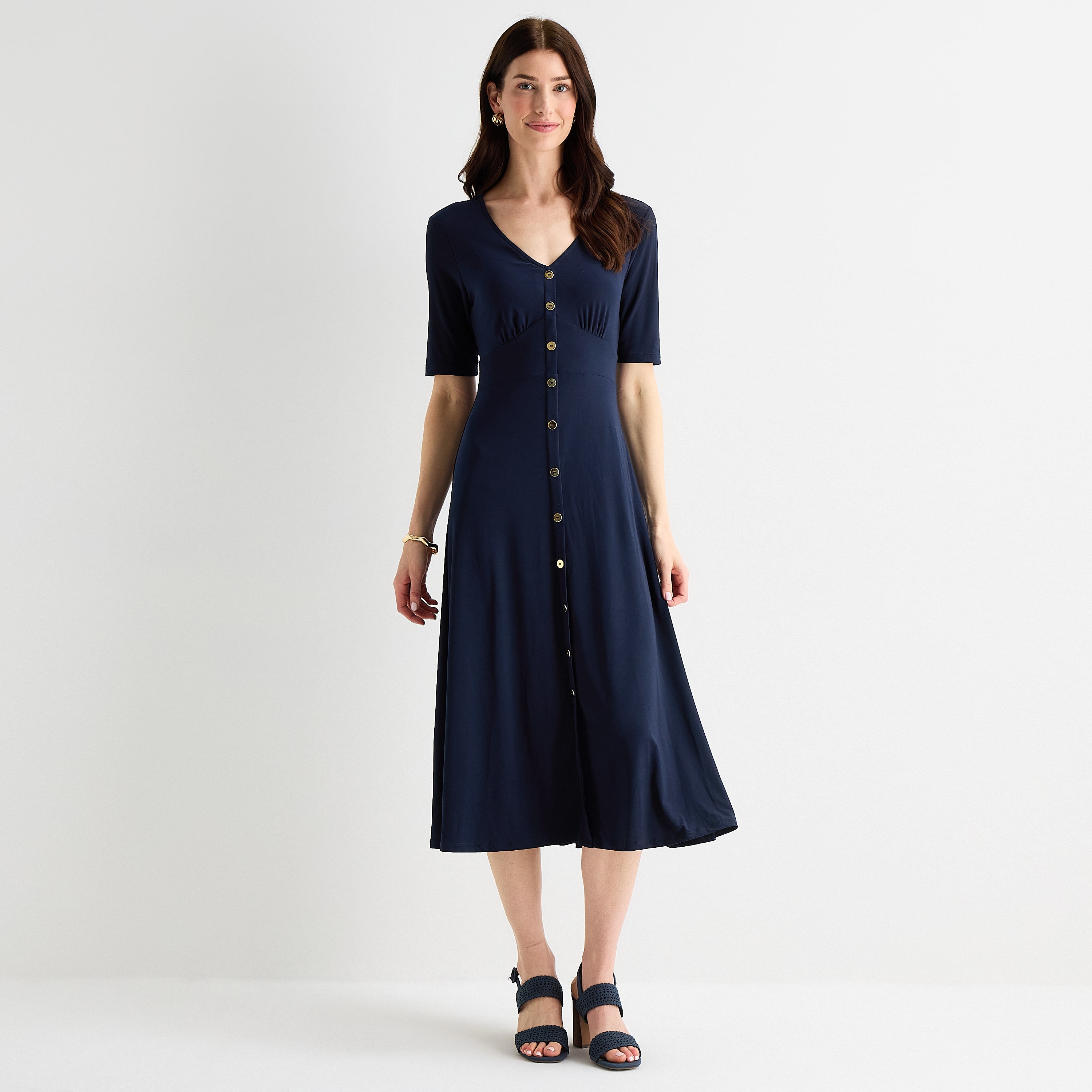 MSK Womens Petite Midi V Neck Long Sleeve Fitted Fit + Flare Dress