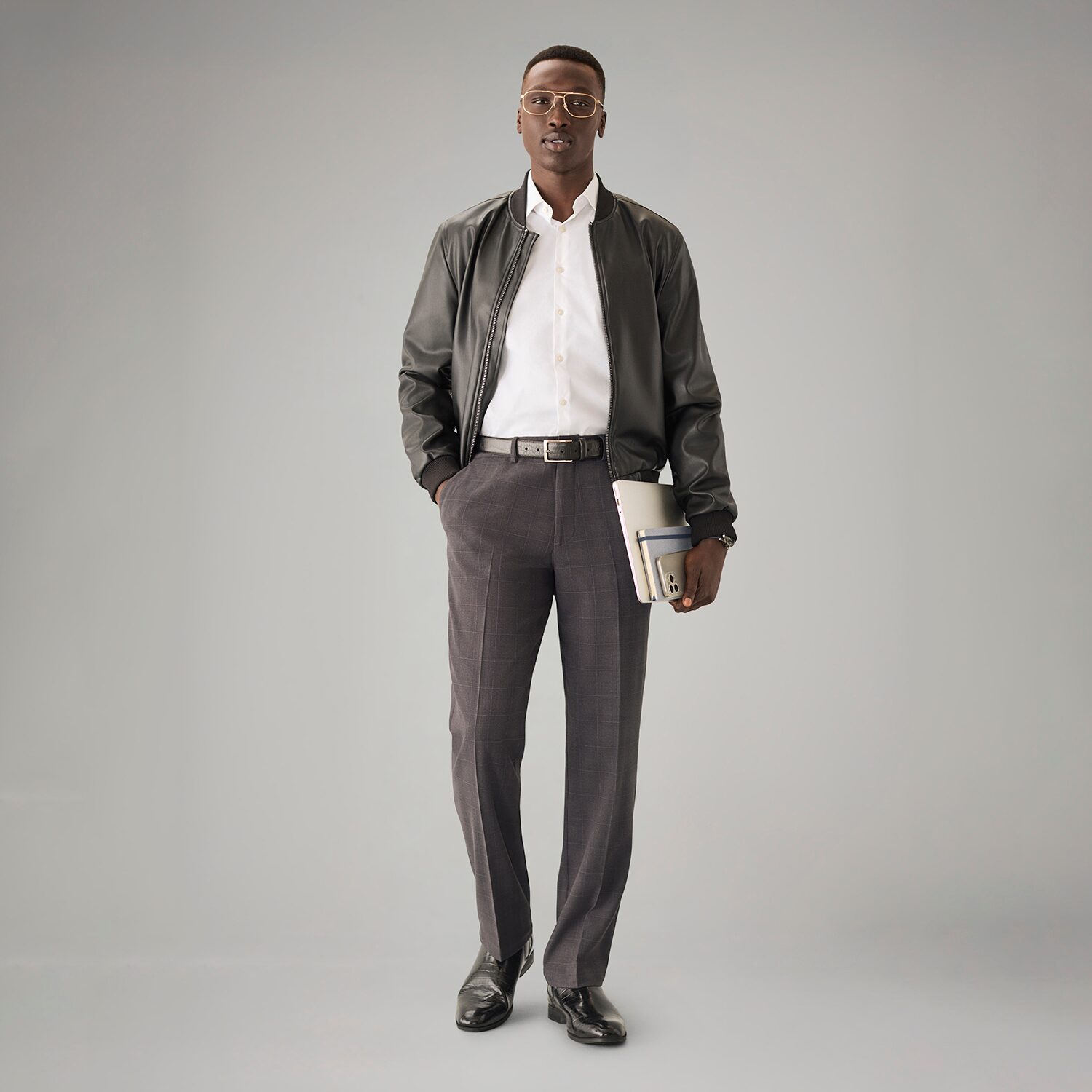 J. Ferrar 4 Way Stretch Plaid Mens Straight Fit Dress Flat Front Pant