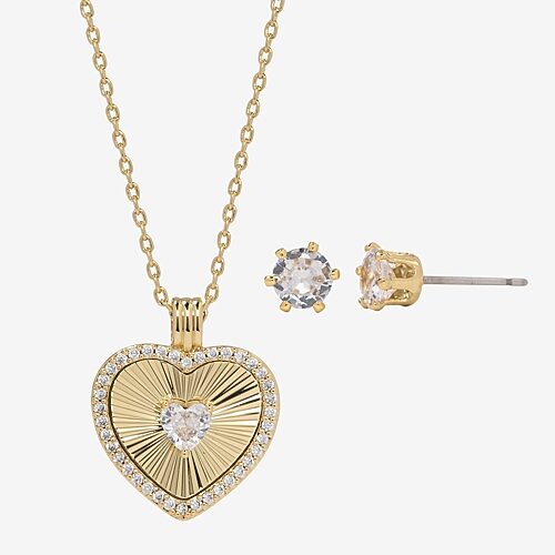 Sparkle Allure Womens Cubic Zirconia 14K Gold Over Brass Heart 16 Inch Pendant Necklace Set, One Size, Yellow