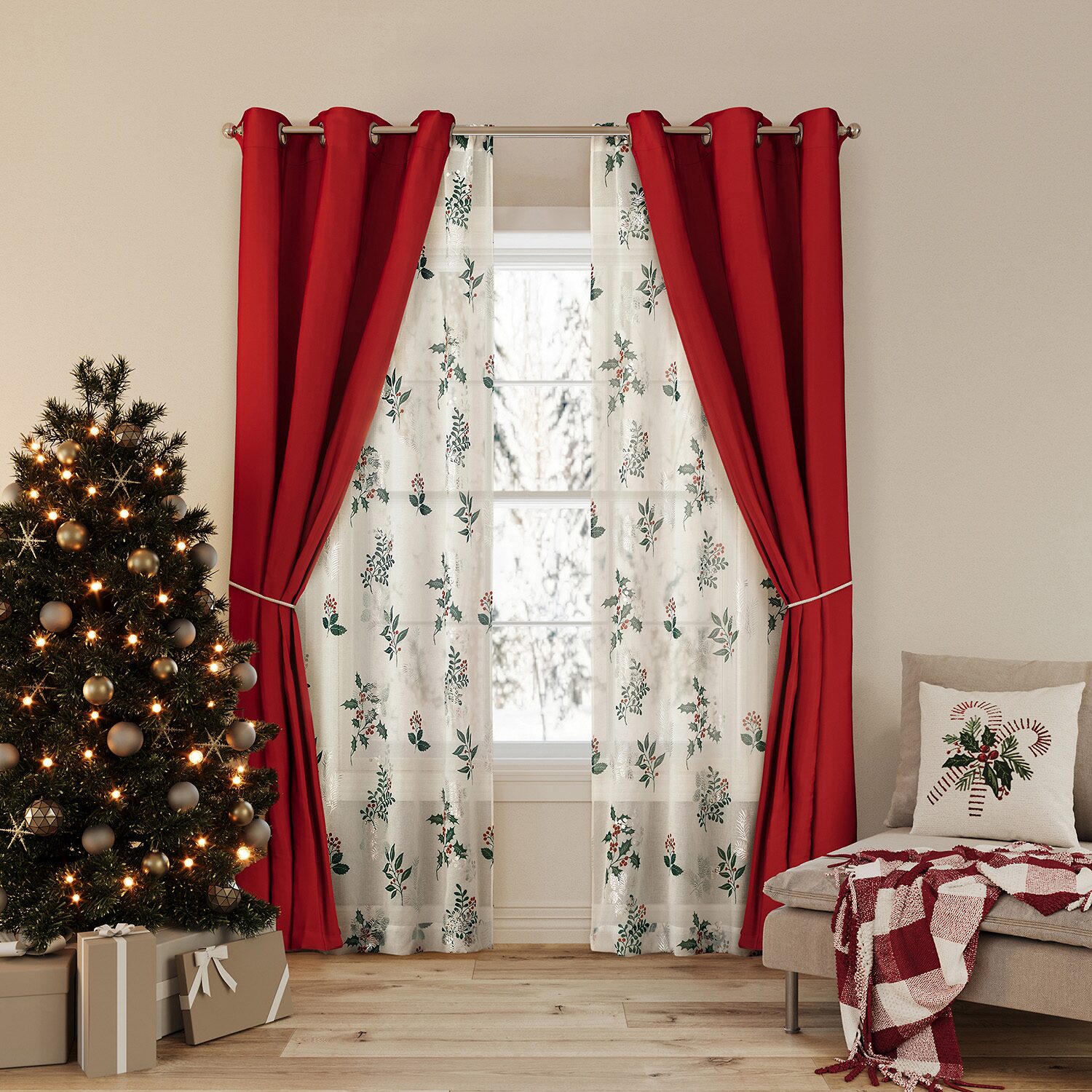 No 918 Berry Creek Christmas Metallic Sheer Rod Pocket Set of 2 Curtain Panel