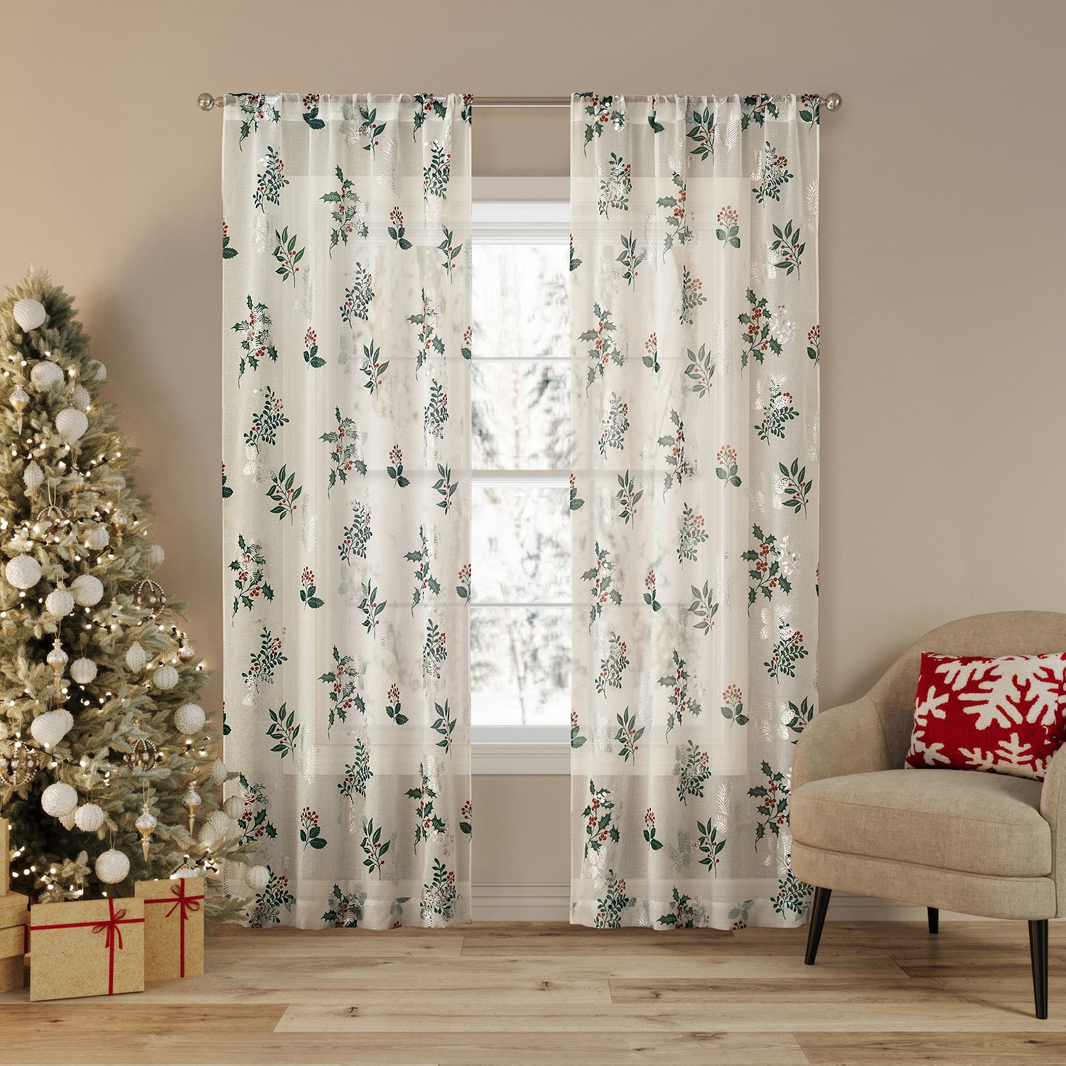 No 918 Berry Creek Christmas Metallic Sheer Rod Pocket Set of 2 Curtain Panel