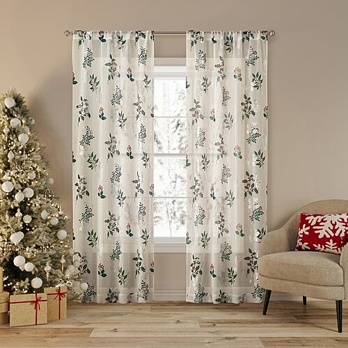 No. 918 Berry Creek Christmas Metallic Sheer Rod Pocket Sheer Set Of 2 Curtain Panel In White