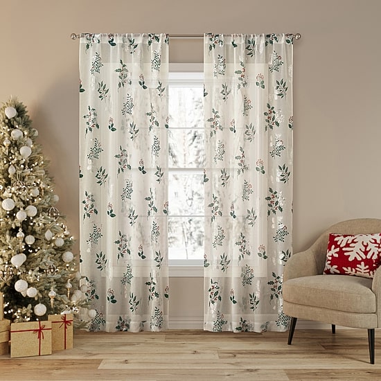 No 918 Berry Creek Christmas Metallic Rod Pocket Sheer Set of 2 Curtain Panel