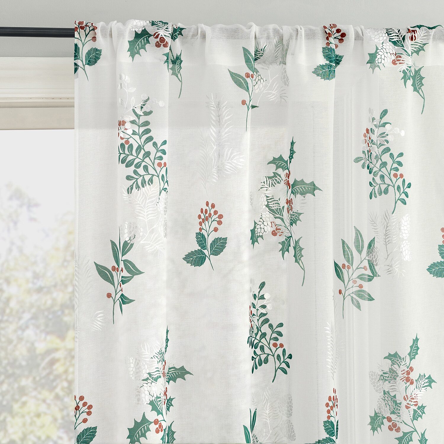 No 918 Berry Creek Christmas Metallic Sheer Rod Pocket Set of 2 Curtain Panel