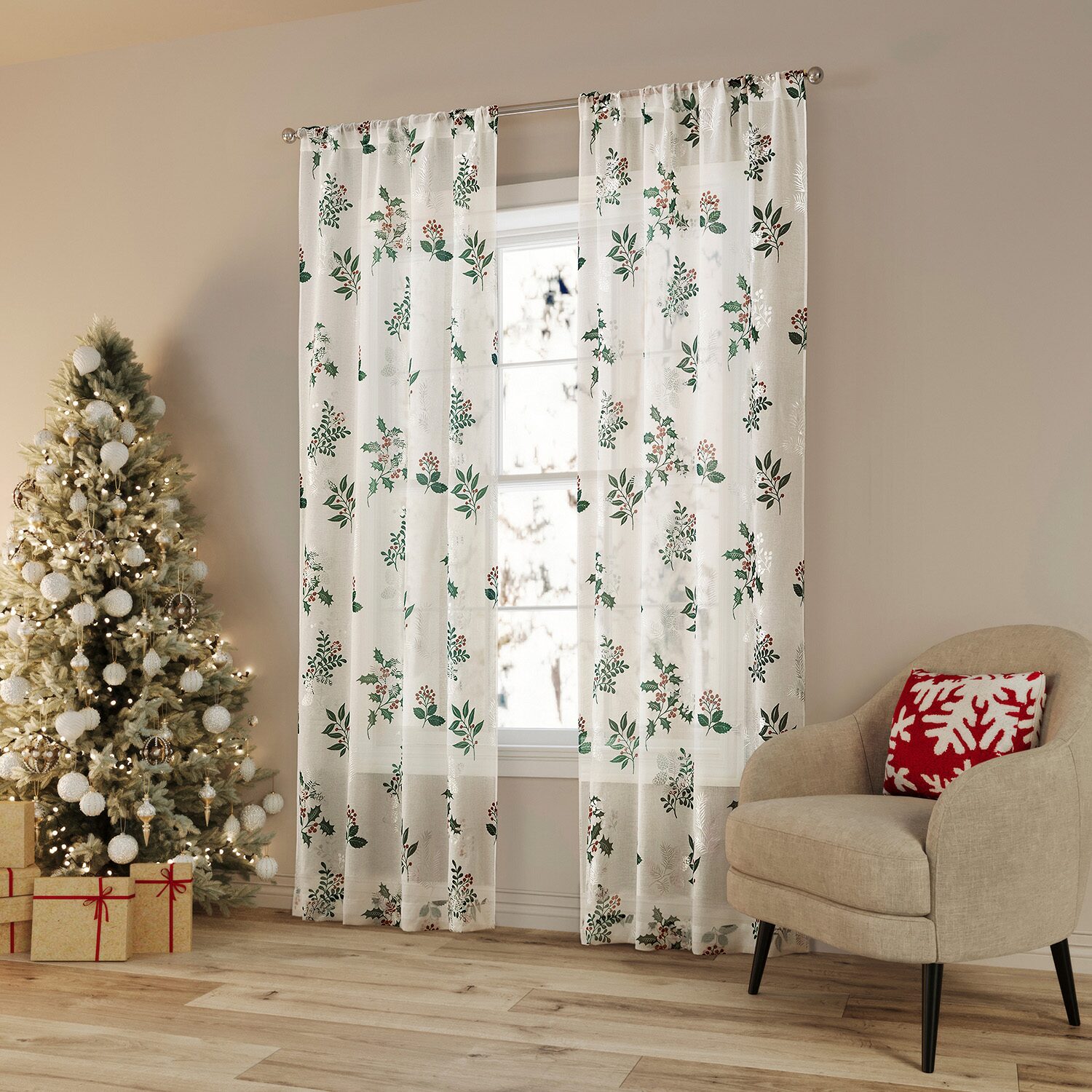 No 918 Berry Creek Christmas Metallic Sheer Rod Pocket Set of 2 Curtain Panel