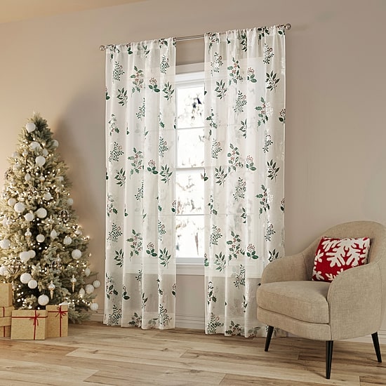 No 918 Berry Creek Christmas Metallic Rod Pocket Sheer Set of 2 Curtain Panel