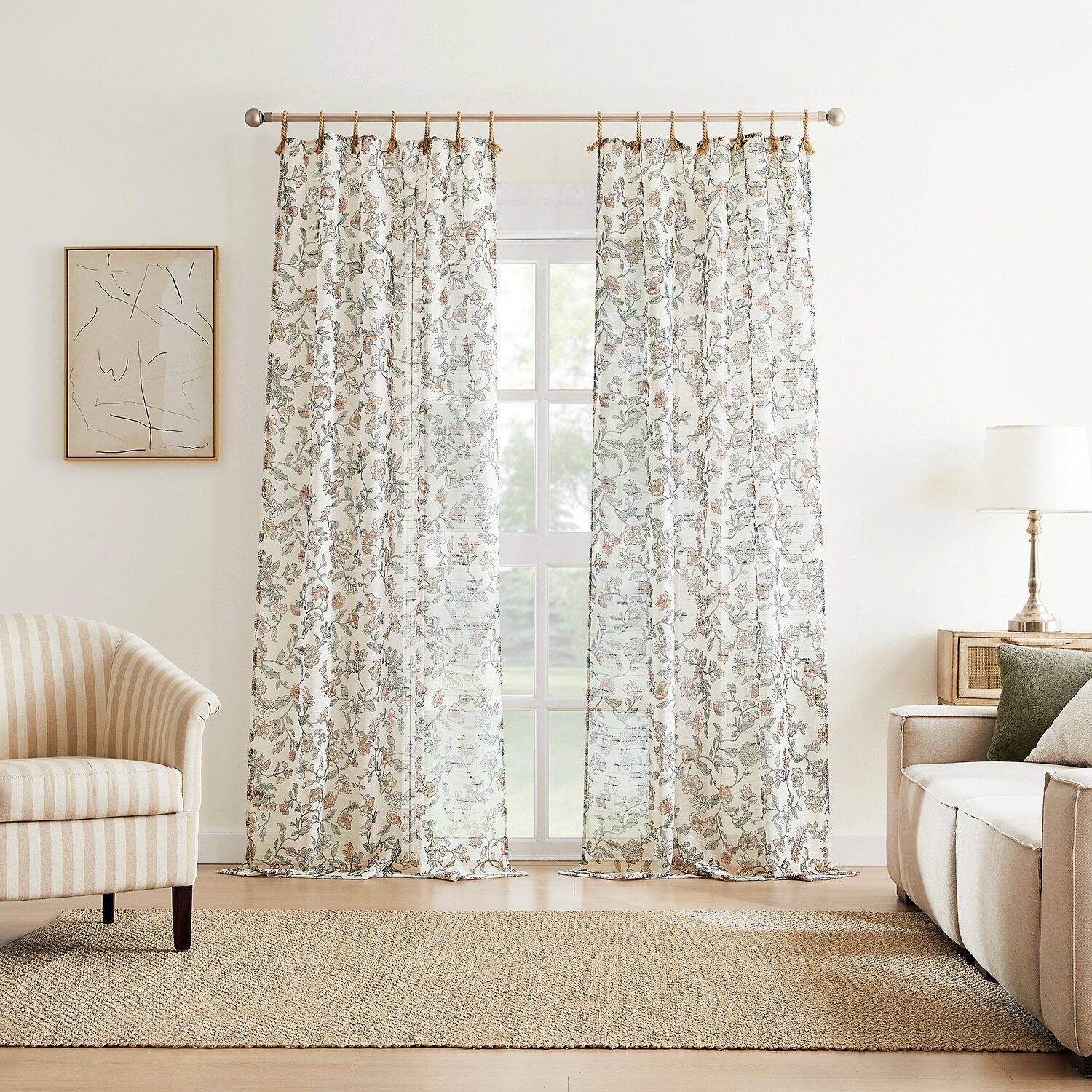 No 918 Abigail Rope Floral Tab Top Sheer Set of 2 Curtain Panel