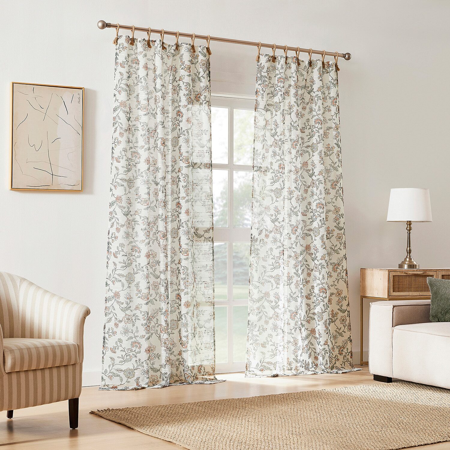 No 918 Abigail Rope Floral Tab Top Sheer Set of 2 Curtain Panel