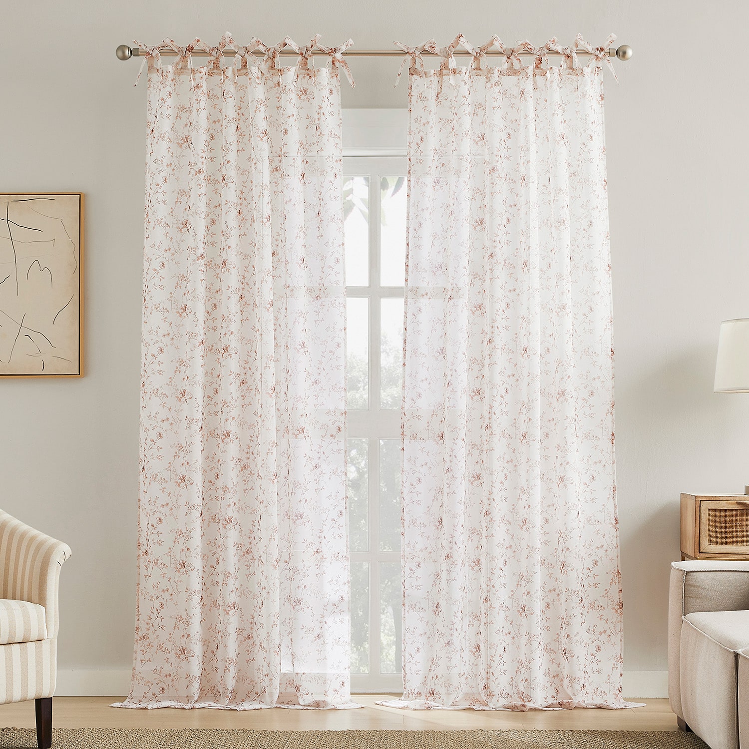 No 918 Lioren Tonal Floral Sheer Tab Top Set of 2 Curtain Panel
