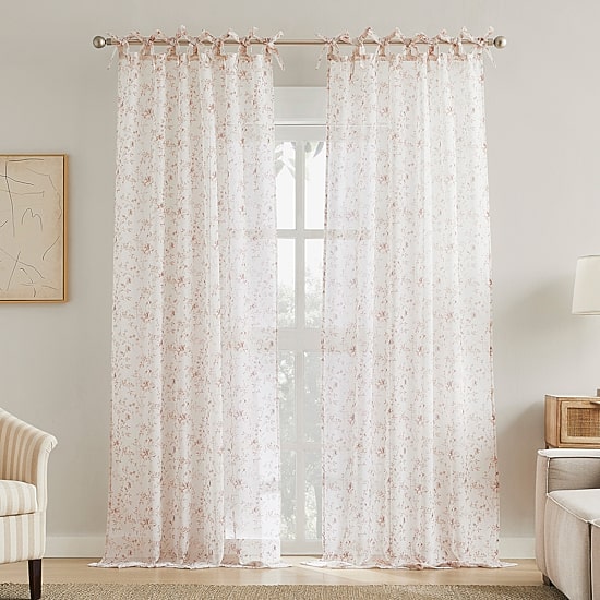 No 918 Lioren Tonal Floral Tie Top Sheer Set of 2 Curtain Panel