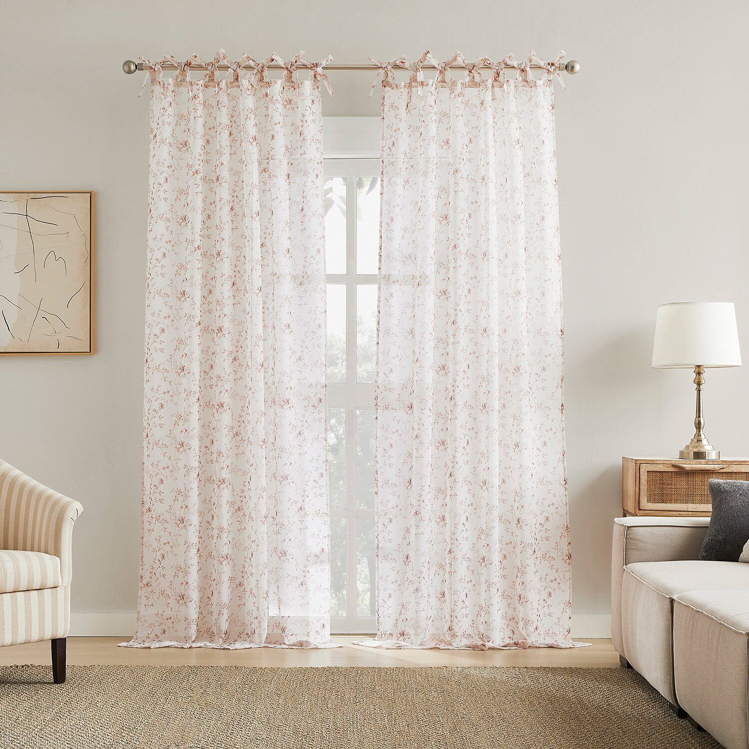 No 918 Lioren Tonal Floral Sheer Tab Top Set of 2 Curtain Panel